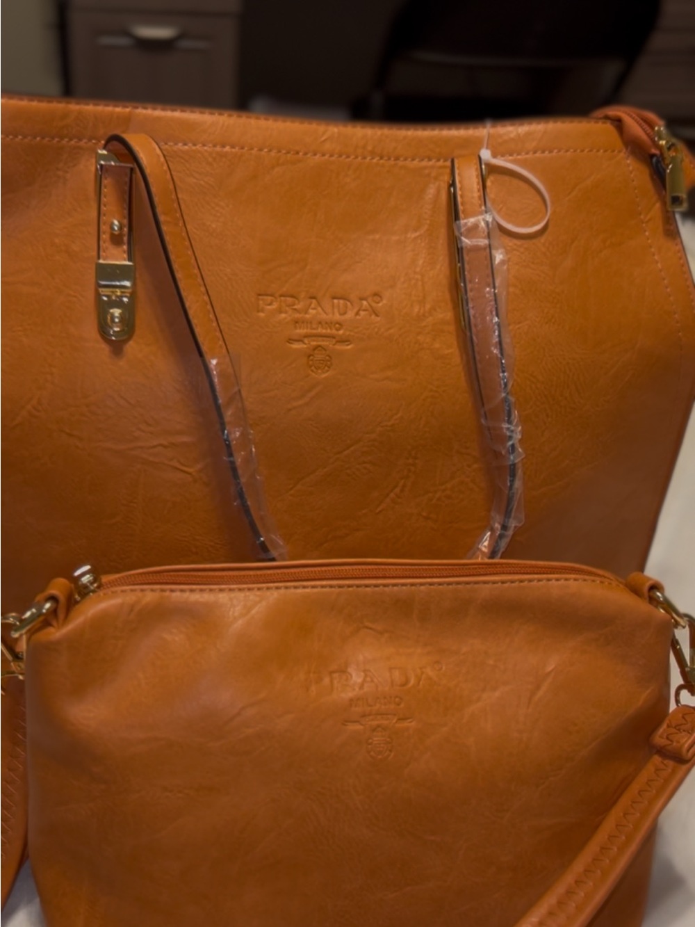 Prada Cognac Leather Tote with Gold-Tone Hardware - Picture 9 of 10